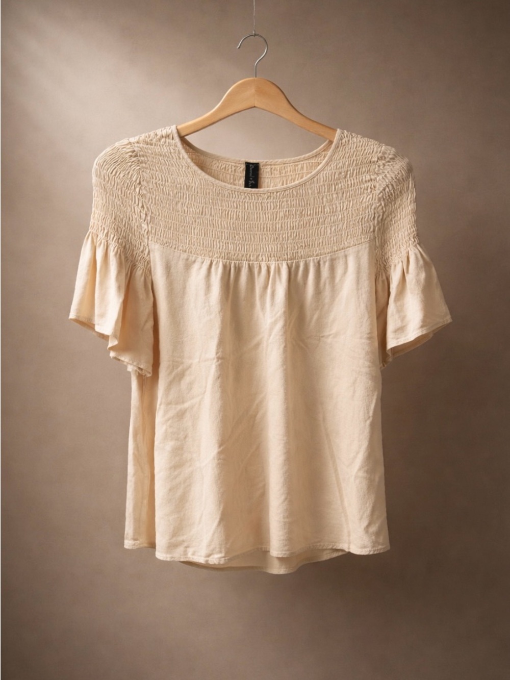Sacred Threads Cream Smocked Yoke Flutter Top